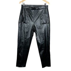 Halston Faux Leather Pants Womens Medium Black High Waist Pull On Pockets Seamed